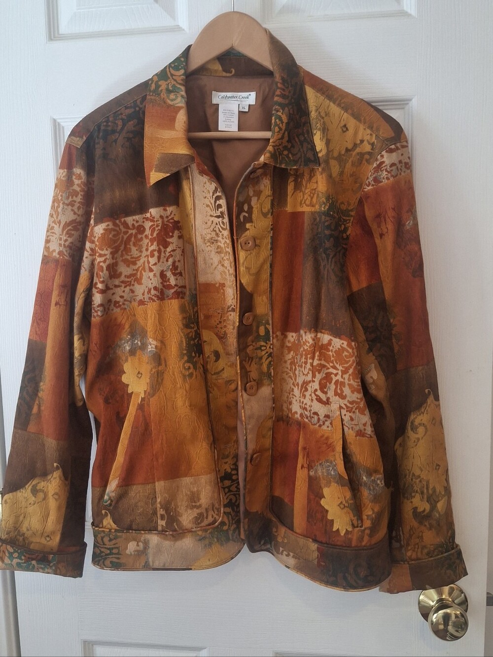 Vtg Coldwater Creek Patchwork Tapestry Jacket XL Orange Brown Boho Art To Wear